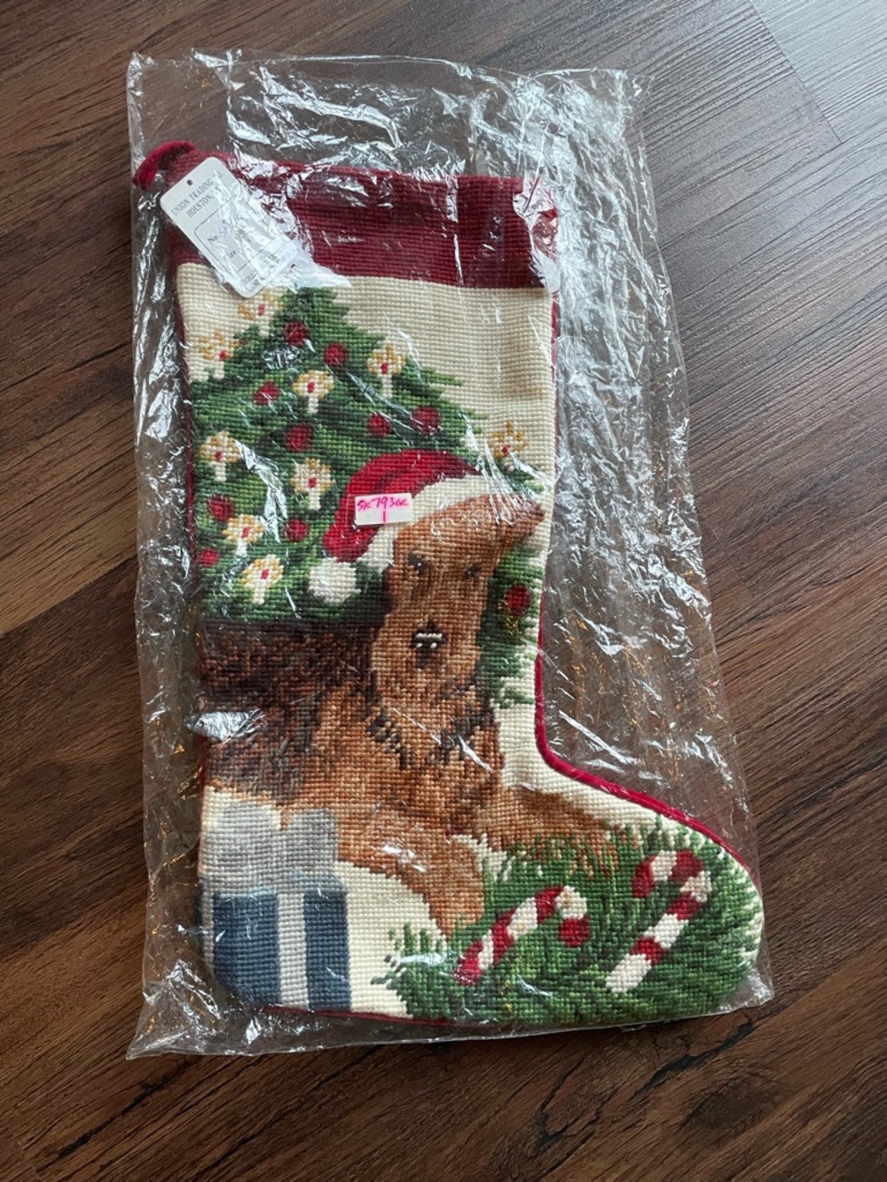 NEW VTG Handcrafted Woollen Needlepoint Christmas 16” Stocking Dog In Santa Hat